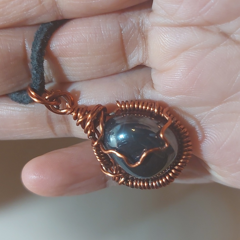 Artisan Copper Wire Wrapped Hematite Pendant On Suede Cord Necklace - Picture 4 of 6